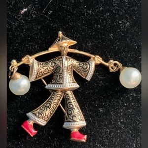 Vintage Damascene Brooch Asian Man W/Faux Pearls Spain